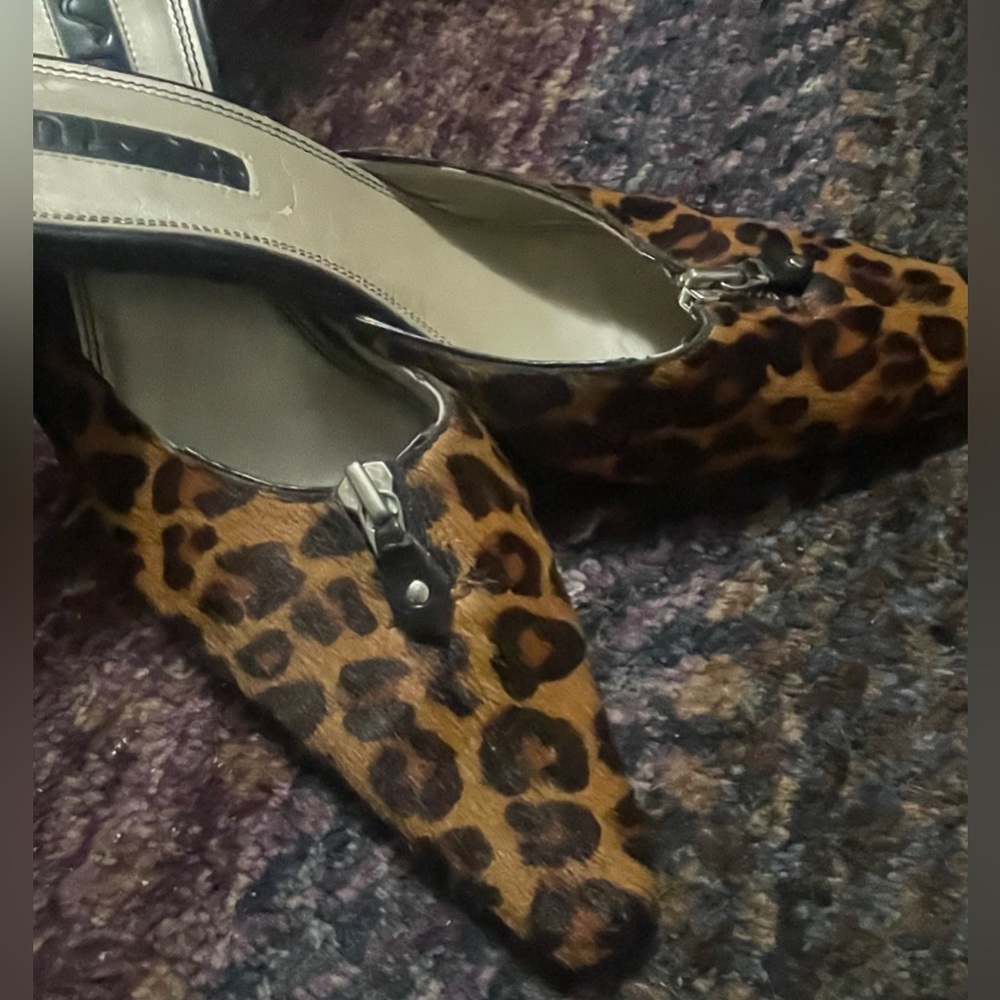 Gorgeous Dark Brown Leopard Pointed-Toe 3 1/2” Heeled Mules Calf Hair Leather - Picture 2 of 13